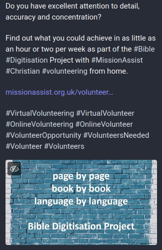 Screenshot from Mastodon of MissionAssist callout for the Bible Digitisation Project